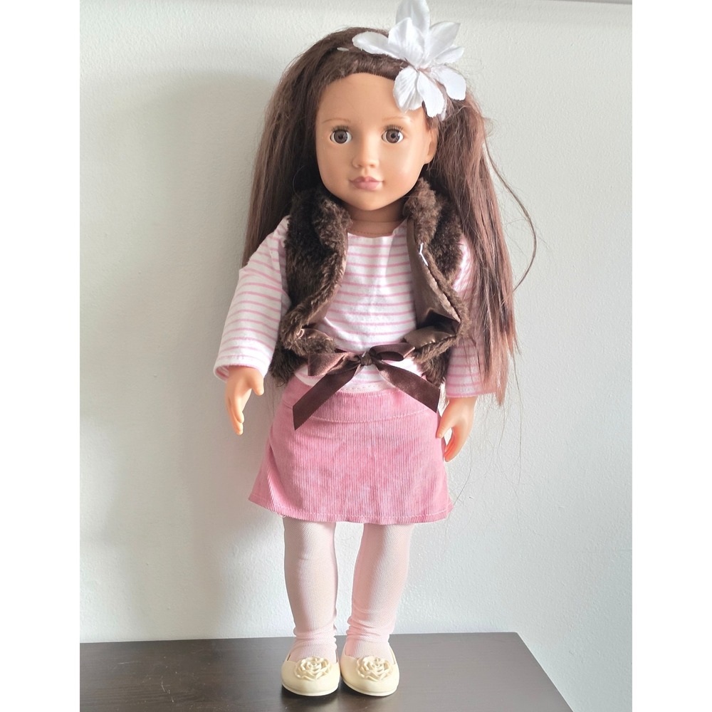 Our Generation 18 inch Doll Brown Hair Sleep Eyes Pink Corduroy Skirt Fur Vest